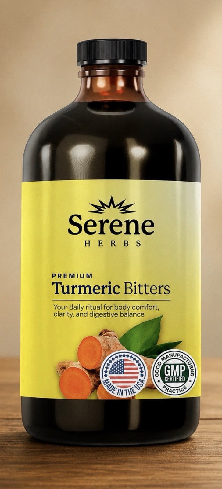 Serene Herbs Tumeric Bitters Premium Body Comfort Clarity Digestive Balance 16oz