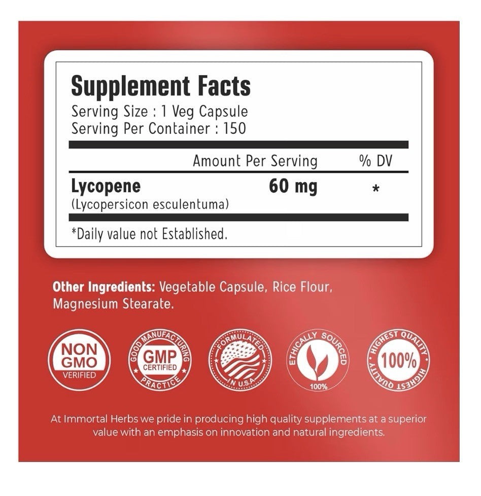 Immortal Herbs Lycopene Natural Tomato Extract 60mg Supplement for Men 120 Caps