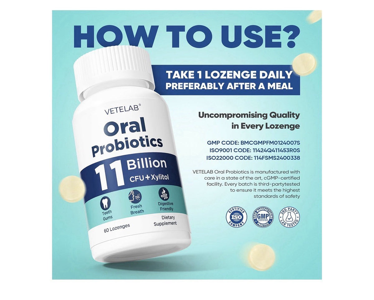 Vetelab Oral Probiotics 11 Billion CFU Dry mouth Bad Breath Teeth Gums 60lozenge