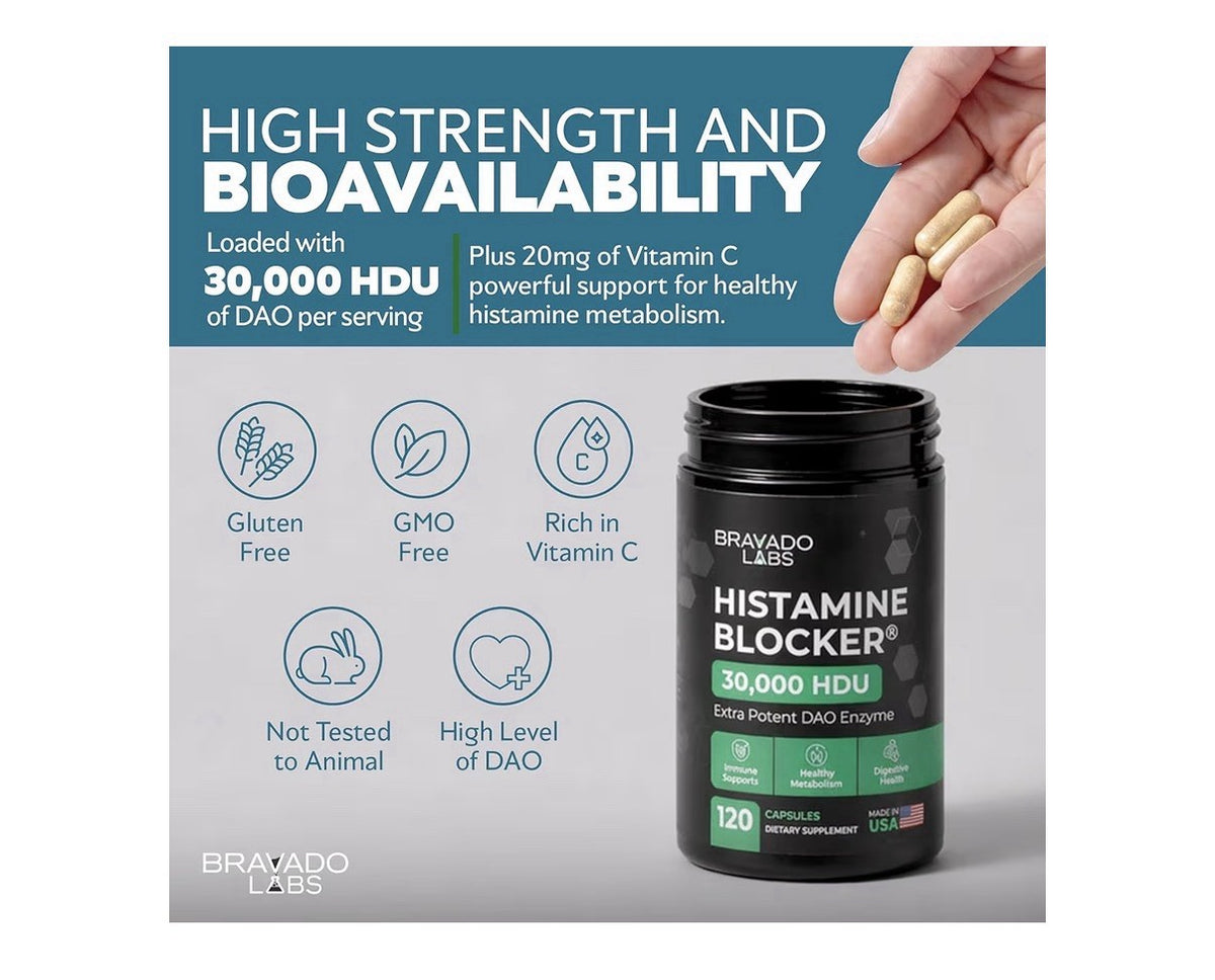 Bravado Labs Histamine Blocker 30,000 HDU Extra Potent DAO Enzyme 120 Capsules