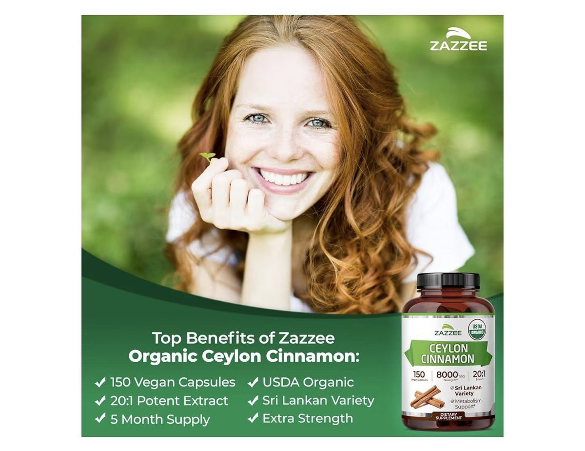 Zazzee Ceylon Cinnamon 150 Sri Lankan Variety Metabolism Support 150 Capsules