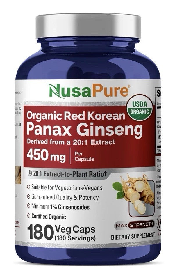 NusaPure Organic Red Korean Panax Ginseng 450mg 180 Veg Capsules 180 Servings