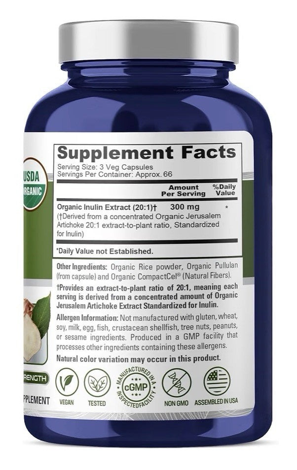 NusaPure Organic Inulin 300mg Per Serving Delivered From 20:1 Extract 200Veg Cap