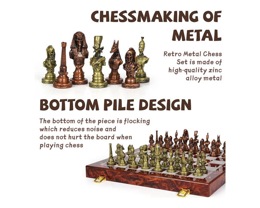 Agirlgle Large Egyptian Metal Chess Set for Adults 15 Inch Foldable Wooden Board