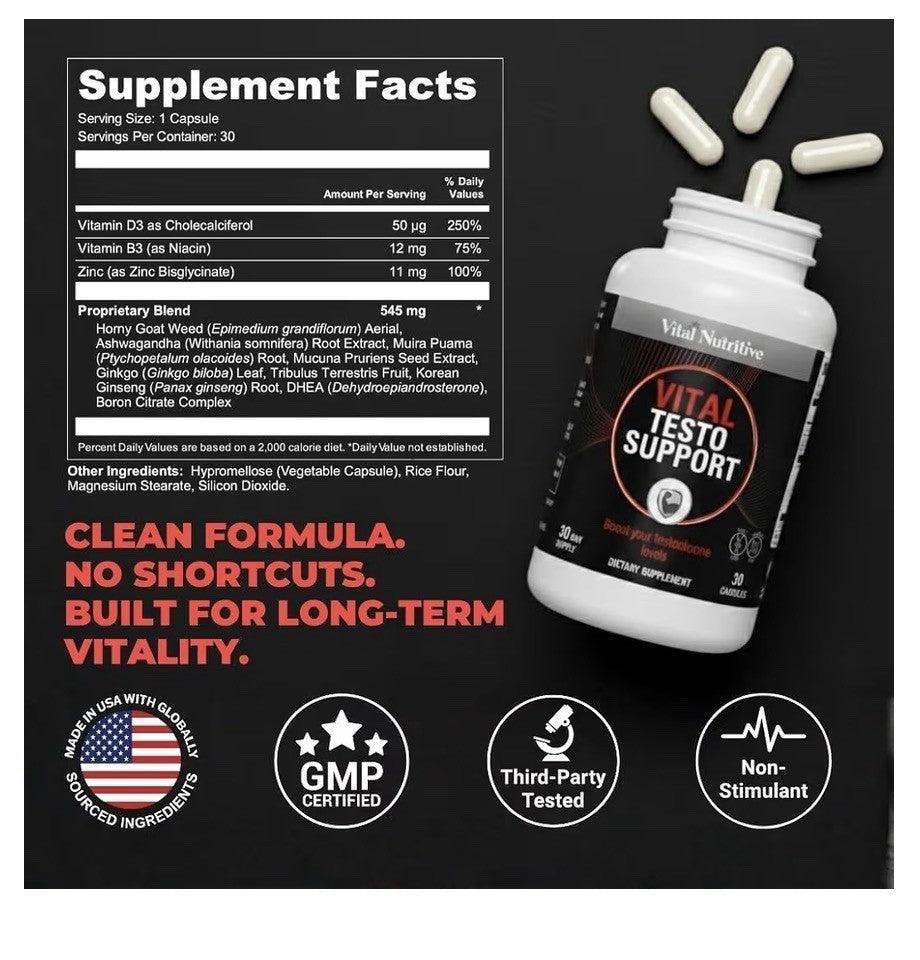 VITAL NUTRITIVE Vital Testo Support Natural Testosterone Stamina Support 3 Pack