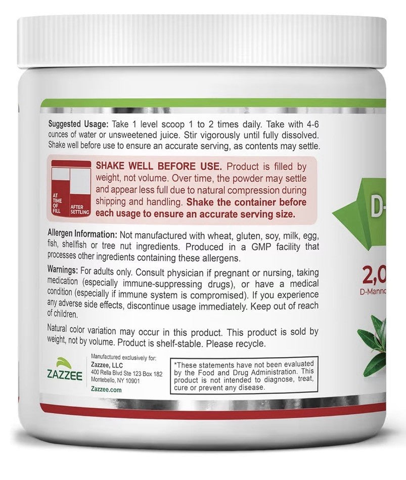 Zazzee D-Mannose Powder Plus With Cranberry & Probiotics 2000 mg 67 Servings