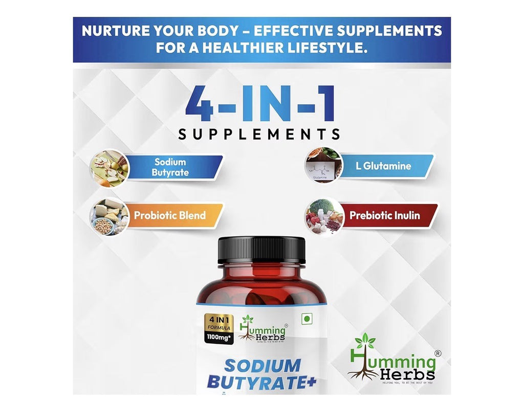 Humming Herbs Sodium Butyrate+ 4-in-1 Digestive Support Gut Health 120 Capsules