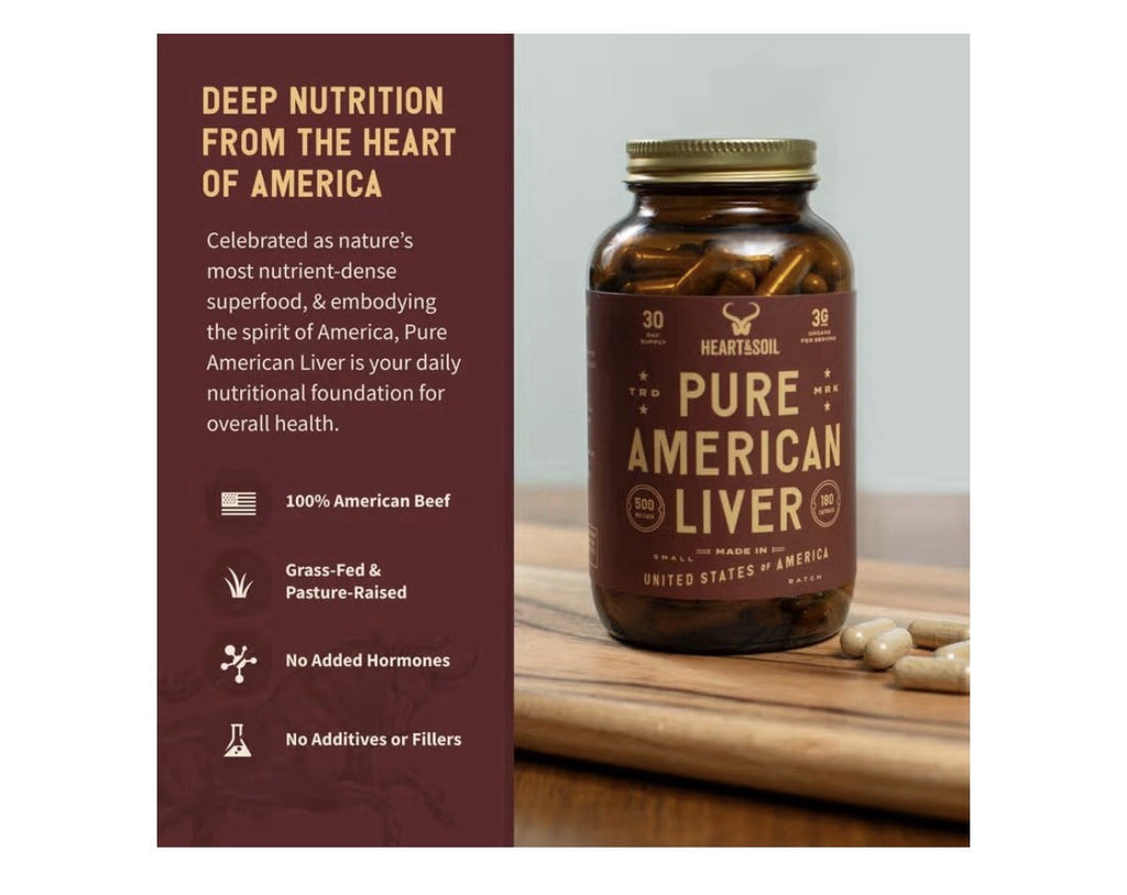 HEART & SOIL Pure American Liver Supplement Grass Fed Finished Beef Liver 180cap