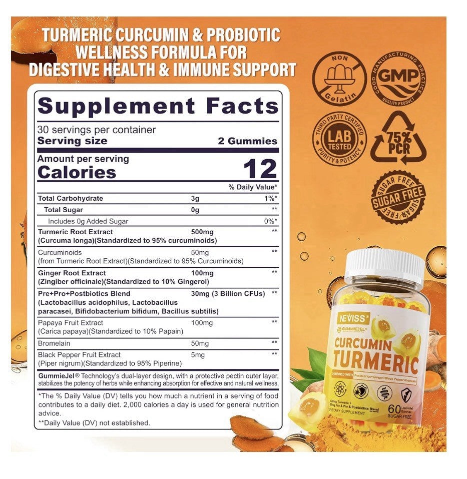 Neviss Turmeric Curcumin With Postbiotics Probiotics Prebiotics 60 Gummies 1Pack
