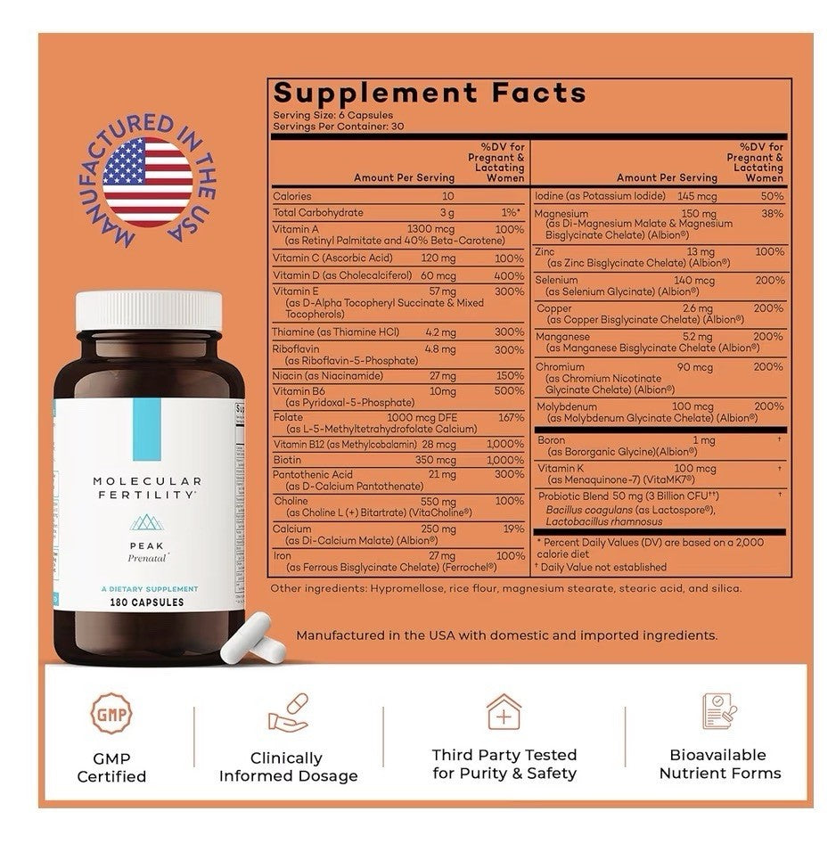 Molecular Fertility Peak Prenatal Vitamins For Women 180 Capsules 30 Day Supply