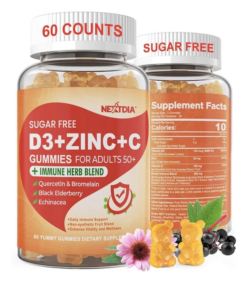 Nextdia D3 + Zinc + C Gummies For Adults 50+ Immune Support 60Gummies Sugar Free