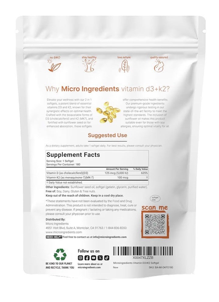 Micro Ingredients Vitamin D3 + K2 MK-7 5,000 IU D3 Per Serving 180 Softgels