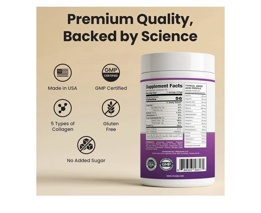 VITASEI Beauty From Within Hydrolyzed Collagen Peptide Powder Coconut Flavor 1LB