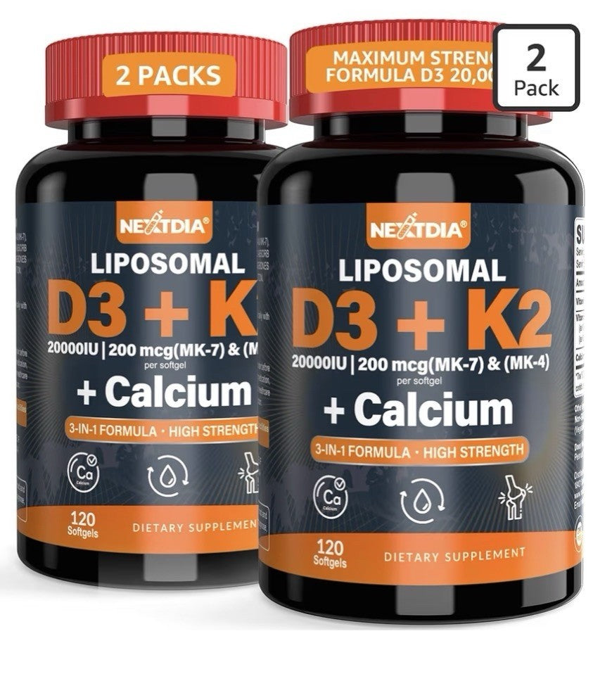 2 Pack Nextdia Liposomal D3 + K2 (MK4 & MK7) + Calcium Bone Muscle Circulation