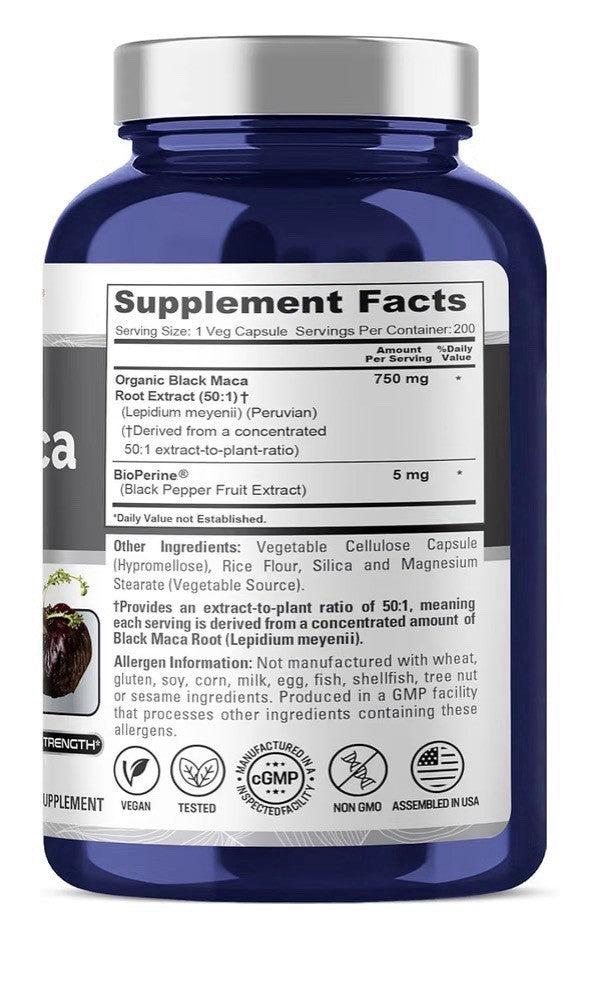 NusaPure Peruvian Black Maca Root 750mg 200 Veg Capsules 200 Servings