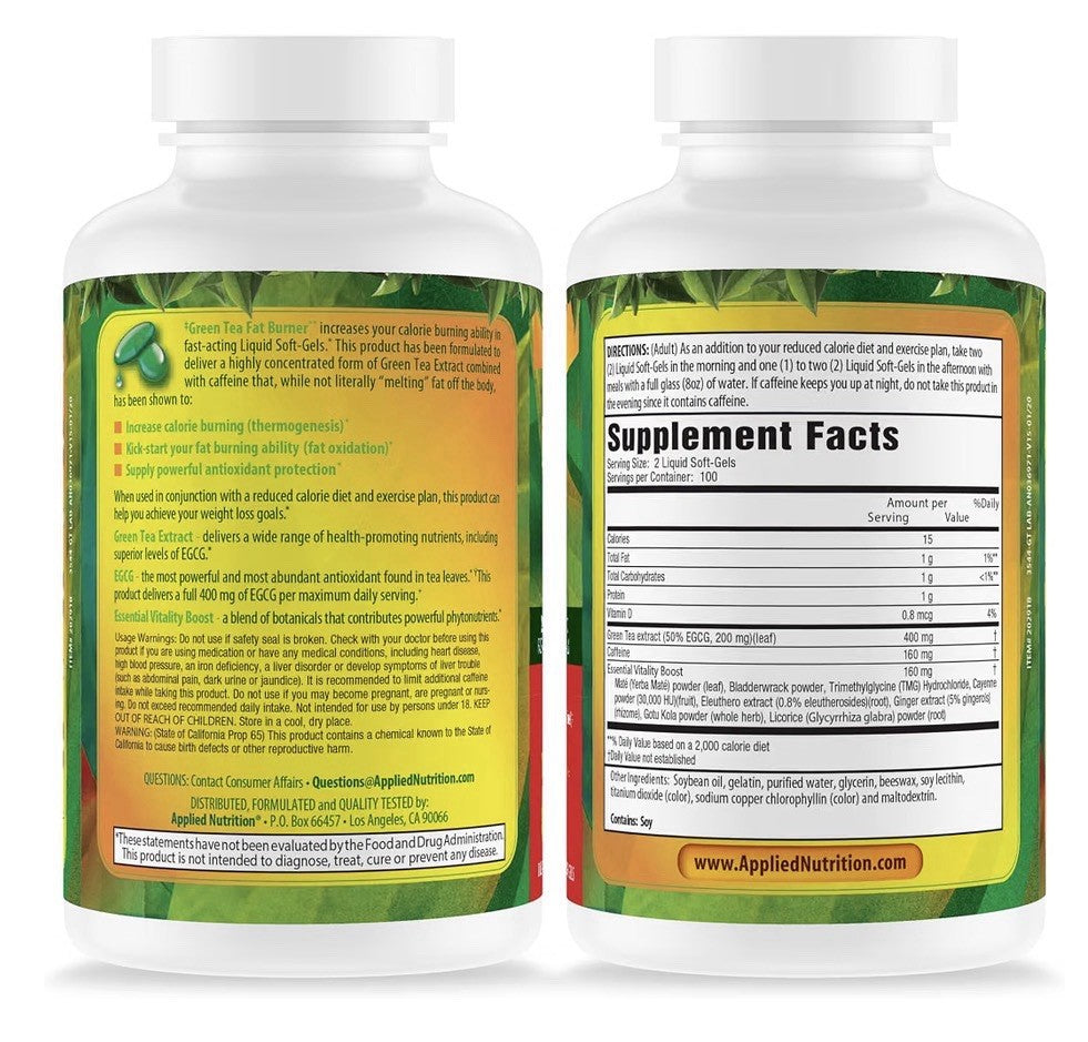 Applied Nutrition Green Tea Fat Burner Burn Calories Metabolism Support 200sgel