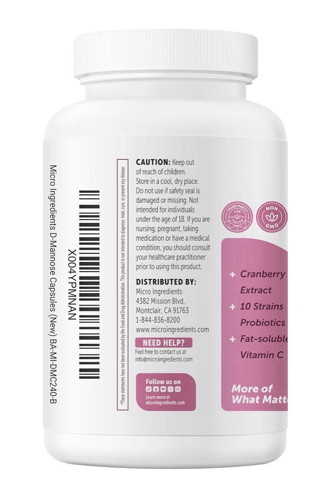 Micro Ingredients D Mannose 1,300mg Per Serving with Cranberry Probiotics 240cap