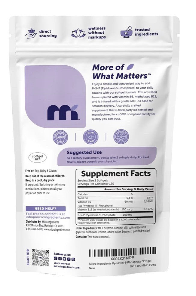 Micro Ingredients P5P Pyridoxal-5'-Phosphate 100mg Per Serving 240 Softgels