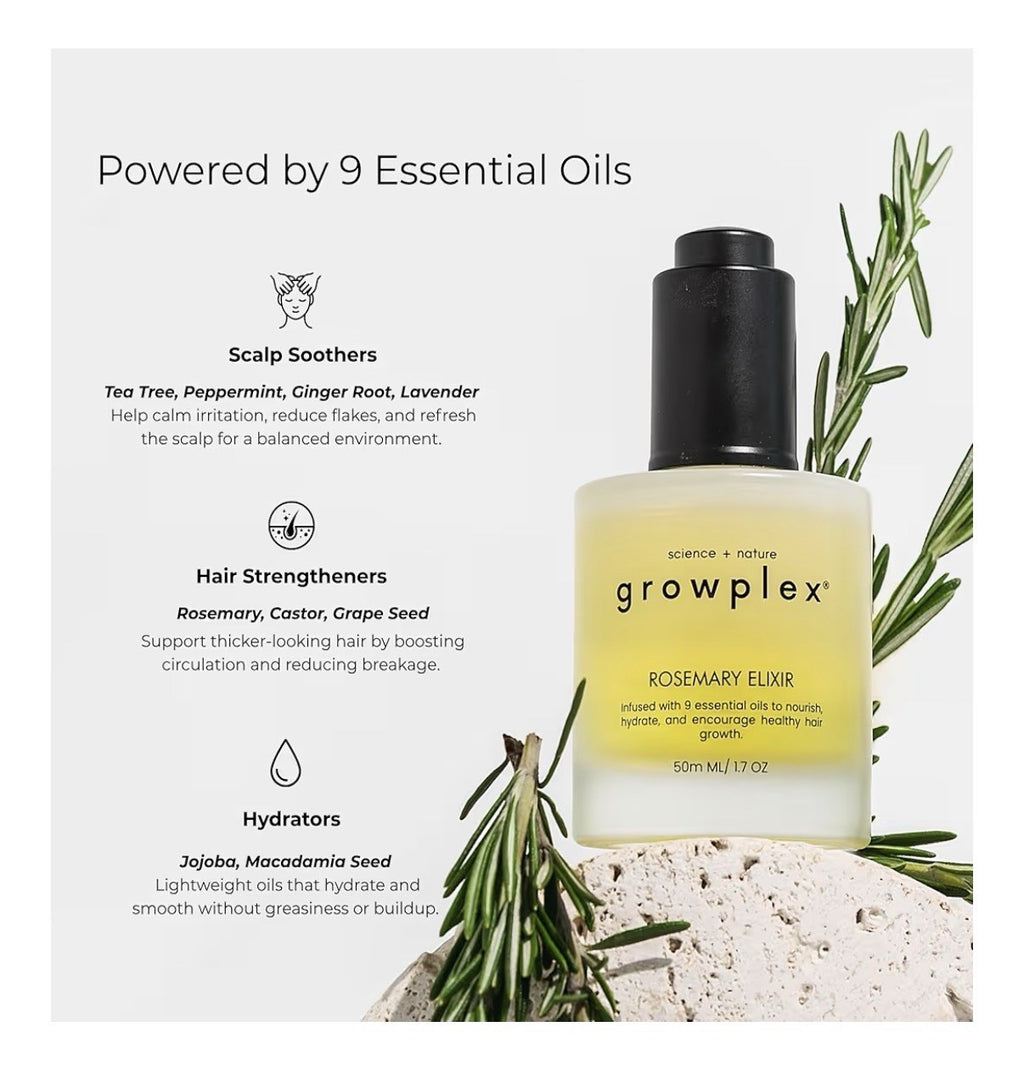 Growplex Rosemary Elixir Daily Scalp Oil with 9 Essential Oils Healthy Scalp 2oz