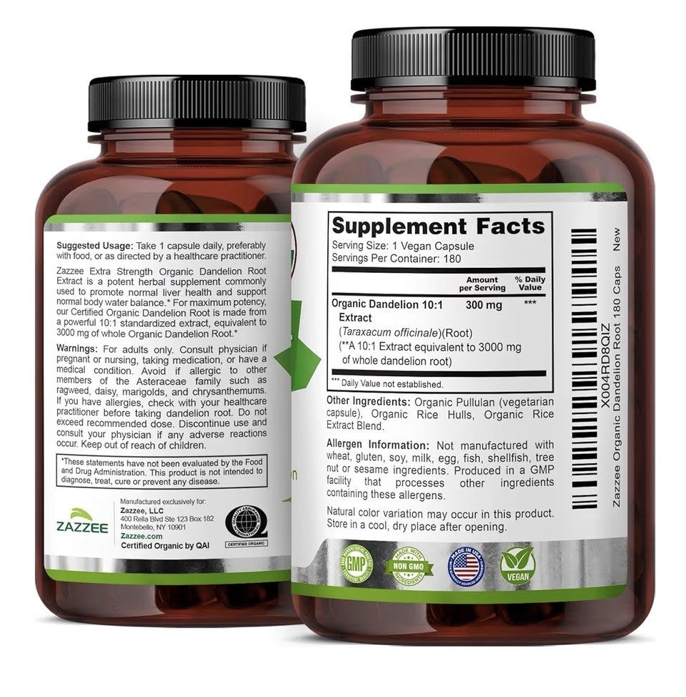 Zazzee Dandelion Root Digestive Water Balance Liver Support 6 Month Supply 180ca