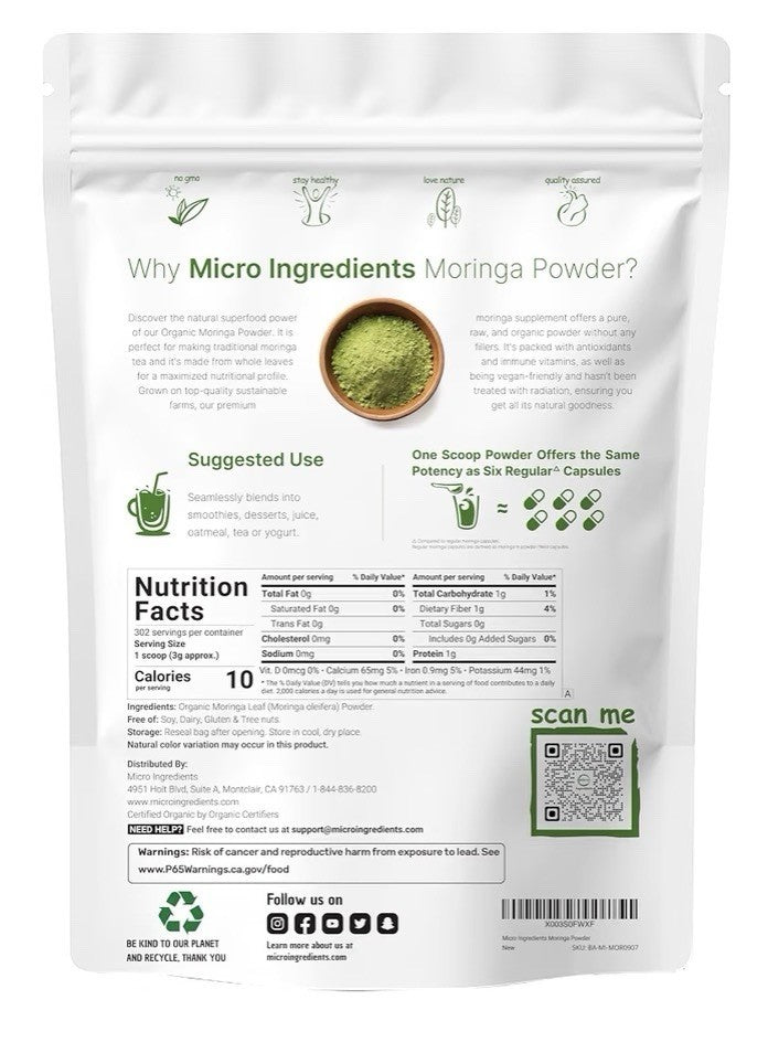 Micro Ingredients Moringa Oleifera Powder Organic Pure Leaves Without Stems 2 Ib