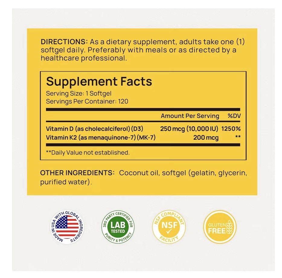 Selerb Vitamin D3 K2 with Virgin Coconut Oil Vitamin D3 10000 IU 120 Softgels
