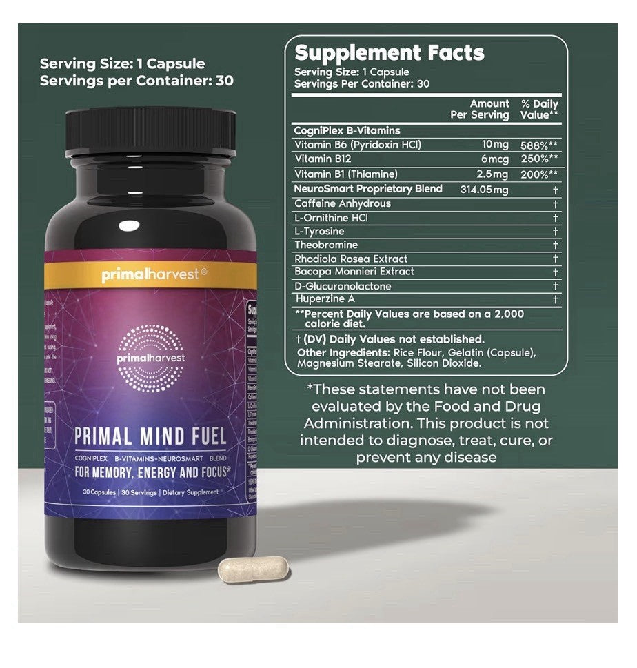 Primal Harvest Primal Mind Fuel Brain Booster Supplement Focus Energy 2 Packs