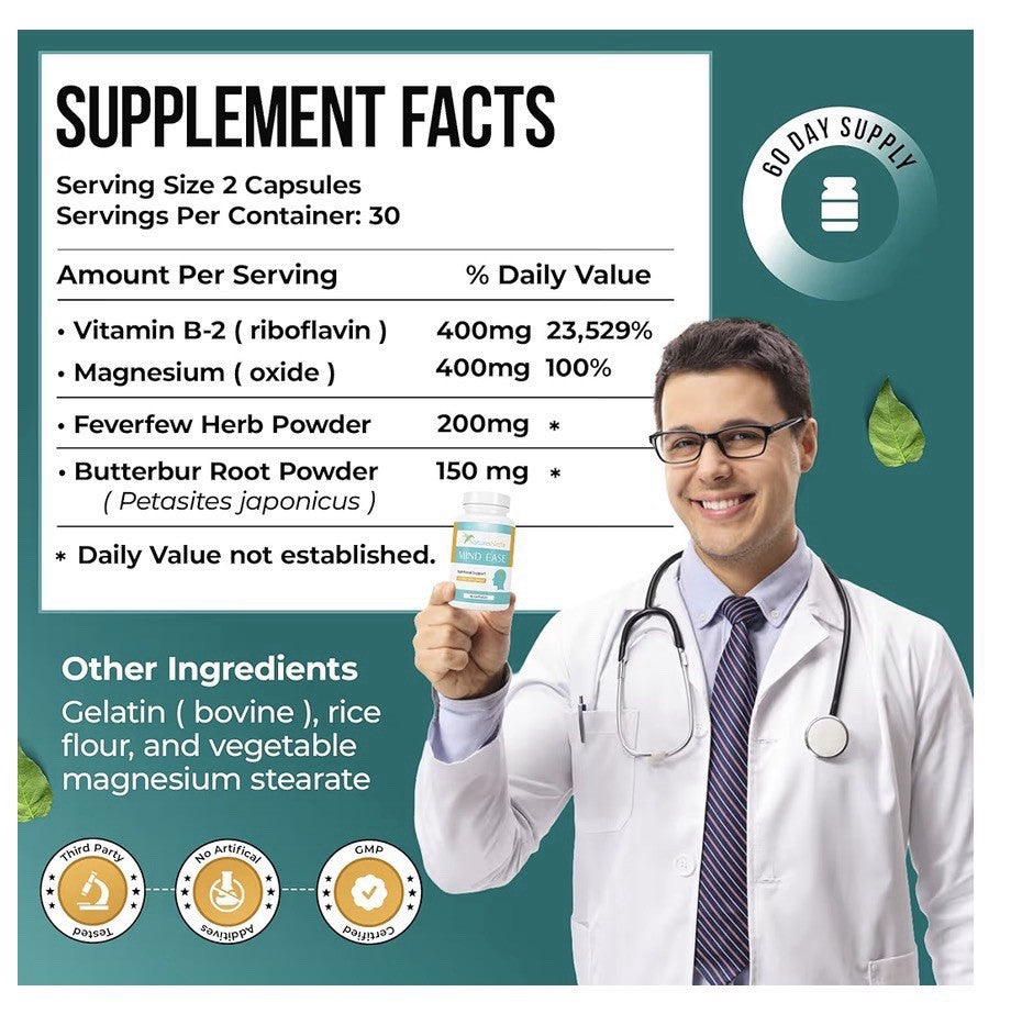 Nature's Nectar Mind Ease Migraine Prevention Feverfew Nutritional Support 60cap