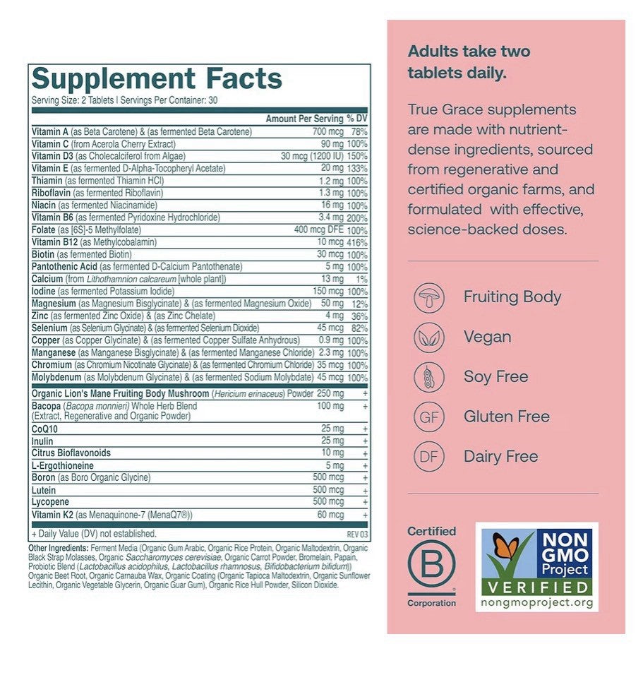 True Grace Daily Women Multivitamin 50+ Energy Longevity Heart Memory 60 Tablets