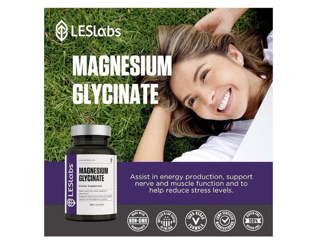 LES Labs Magnesium Glycinate Supports Restful Sleep Heart Health Digestive 120ca