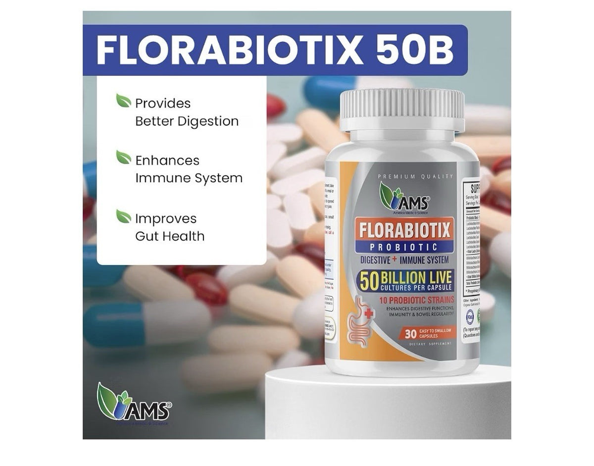 AMS Florabiotix Probiotic Immune Digestive Support 50 Billion Live Cultures 30ca
