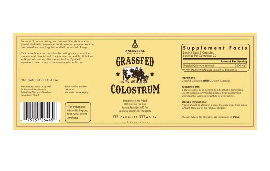 Ancestral Supplements Grass Fed Beef Colostrum Supplement Pasture Raised 180caps