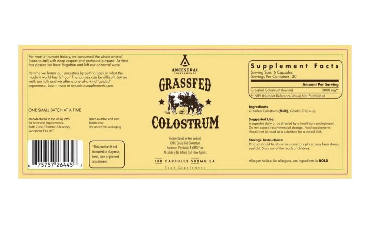 Ancestral Supplements Grass Fed Beef Colostrum Supplement Pasture Raised 180caps