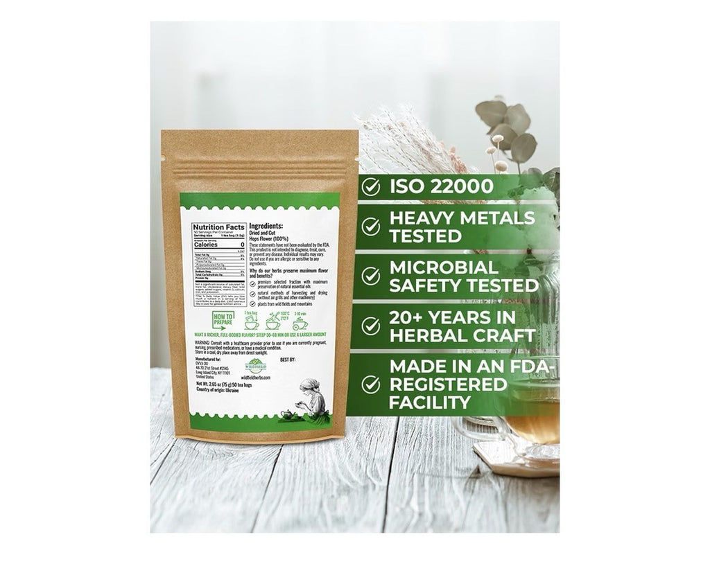 Wildfield Hops Flower Tea Dried Herbal (Humulus Lupulus) Lupulo Entero 50TeaBags