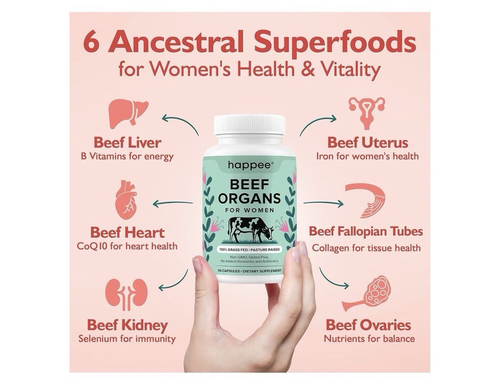 Happee Beef Organs For Women Grass Fed Pasture Raised Supplement 90 Capsules