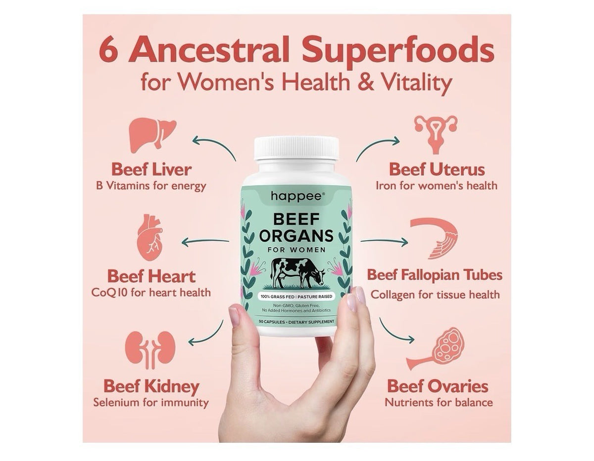 Happee Beef Organs For Women Grass Fed Pasture Raised Supplement 90 Capsules