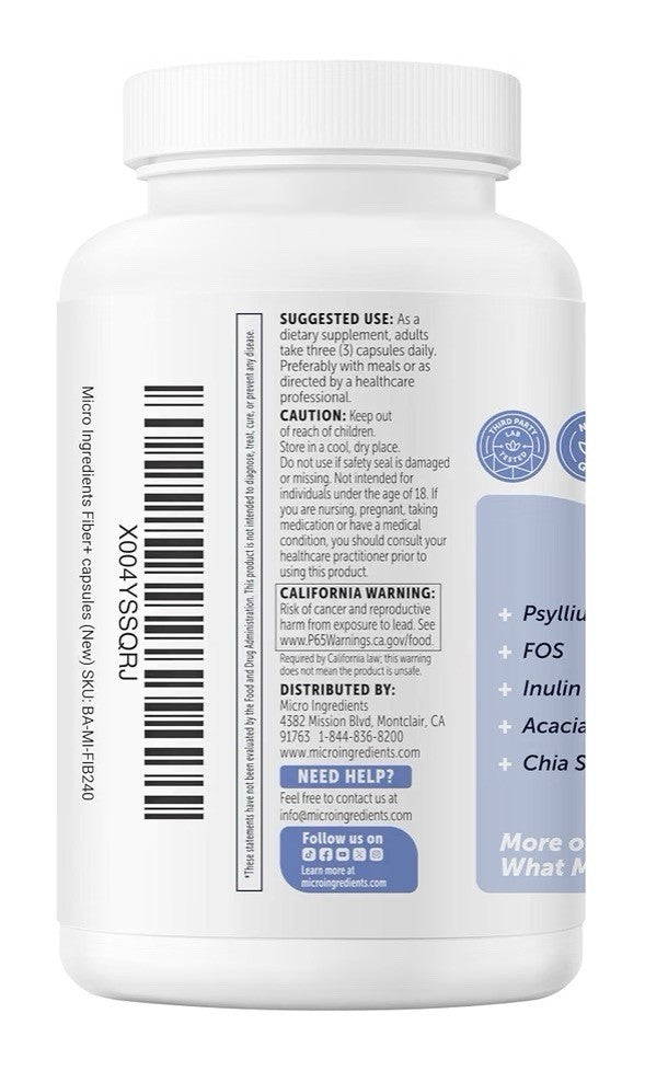 Micro Ingredients Fiber + Pro+Pre+Postbiotics+Enzymes 240 Vegetarian Capsules