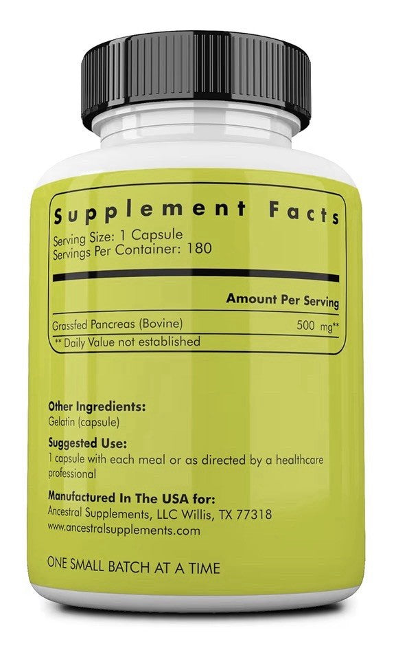 Ancestral Supplements Pancreas Grass Fed Beef Supplement Pasture Raised 180 Caps