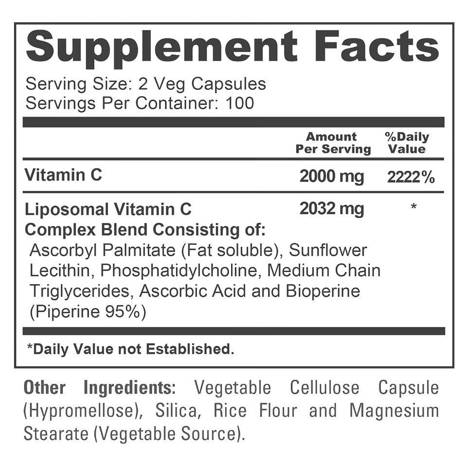 NusaPure Liposomal Vitamin C 2032mg Per Serving 200 Veg Capsules 100 Servings