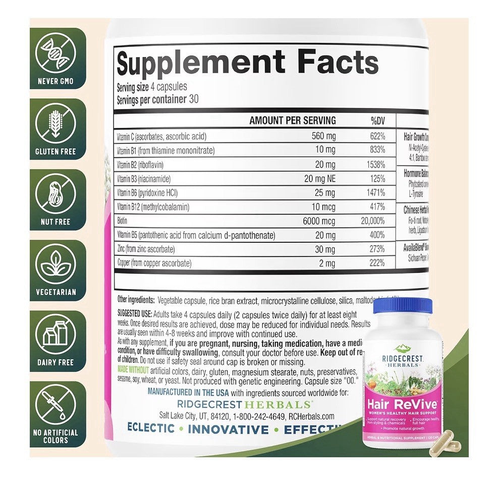 RidgeCrest Herbals Hair ReVive Nutritional Healthy Hair Support Supplement 120ca