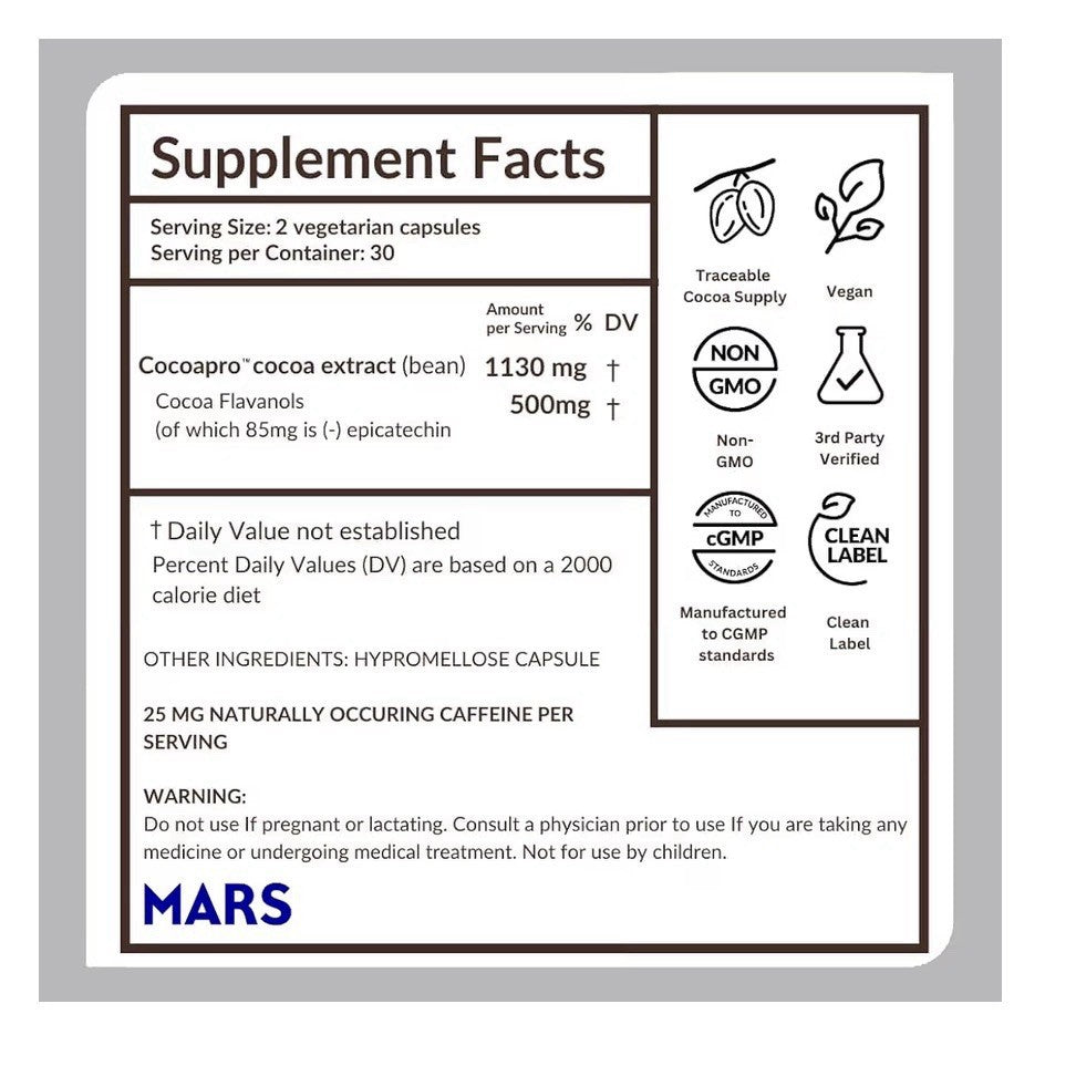 CocoaVia Cocoa Flavanols 500mg Heart Brain Cognitive Circulation Support 60 Caps