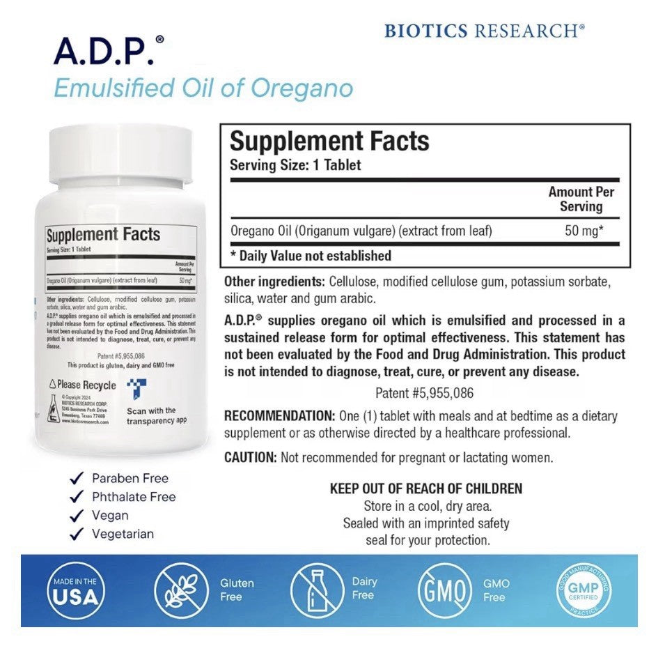 Biotics Research A.D.P. Emulsified Oil of Oregano for GI Health 60 Tablets