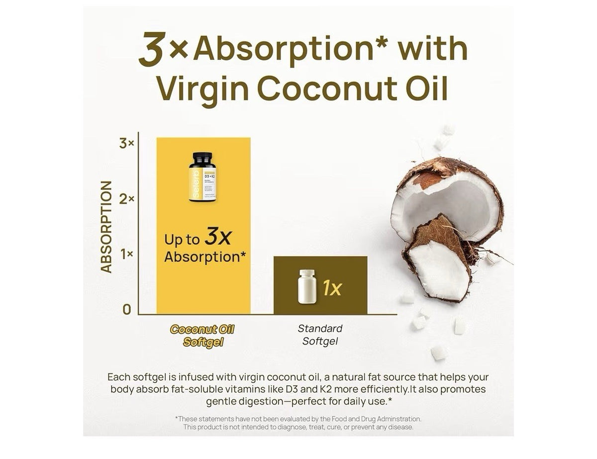 Selerb Vitamin D3 K2 with Virgin Coconut Oil Vitamin D3 10000 IU 120 Softgels