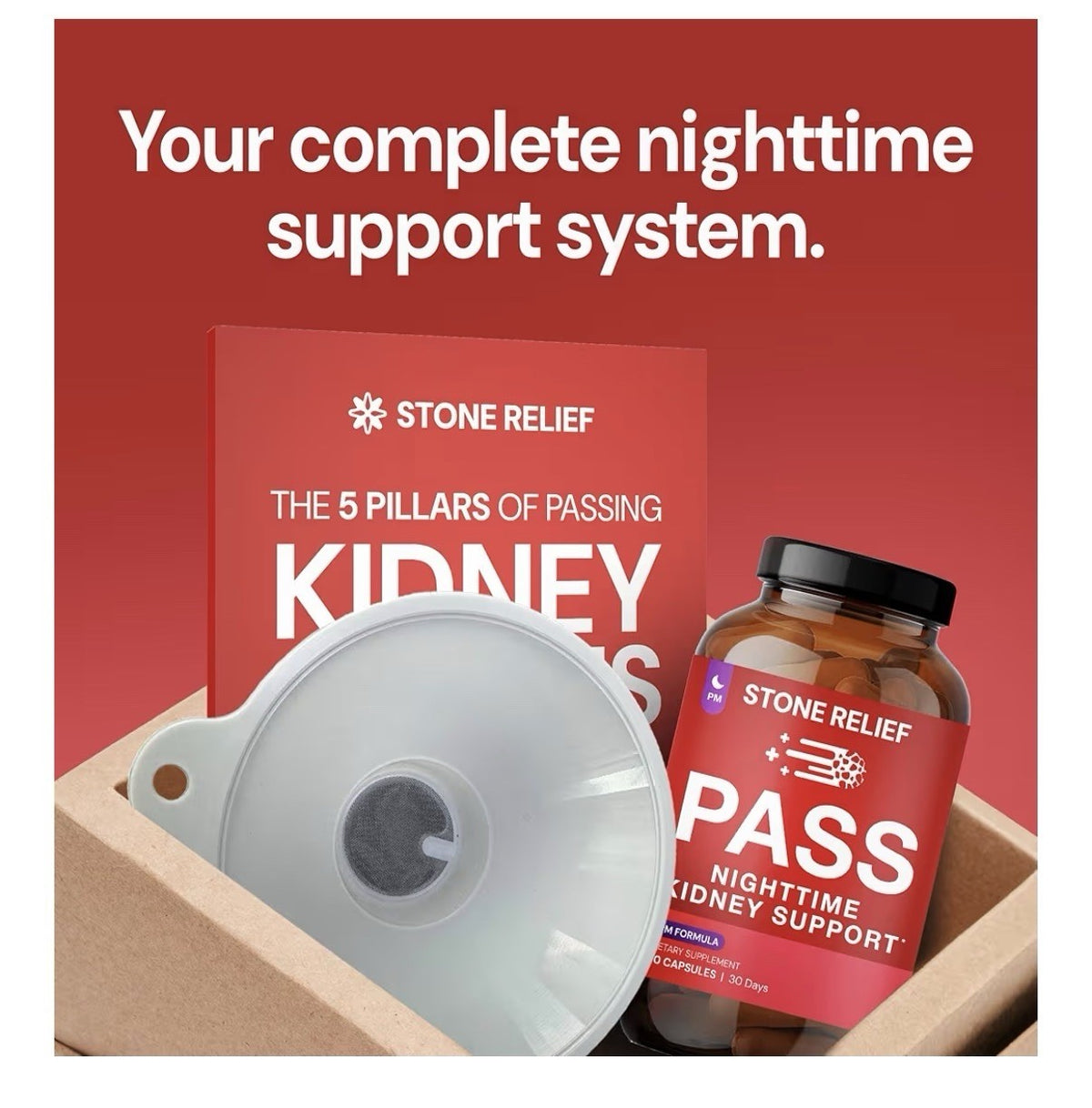 STONE RELIEF PASS Nighttime Kidney Support Herbal Blend Supplement 90 Capsules