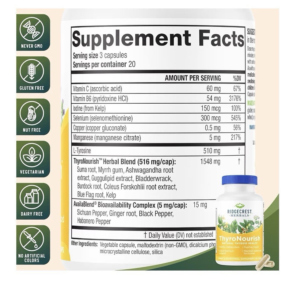 Ridgecrest Herbals ThyroNourish Thyroid Health Metabolism Positive Mood 60 Caps