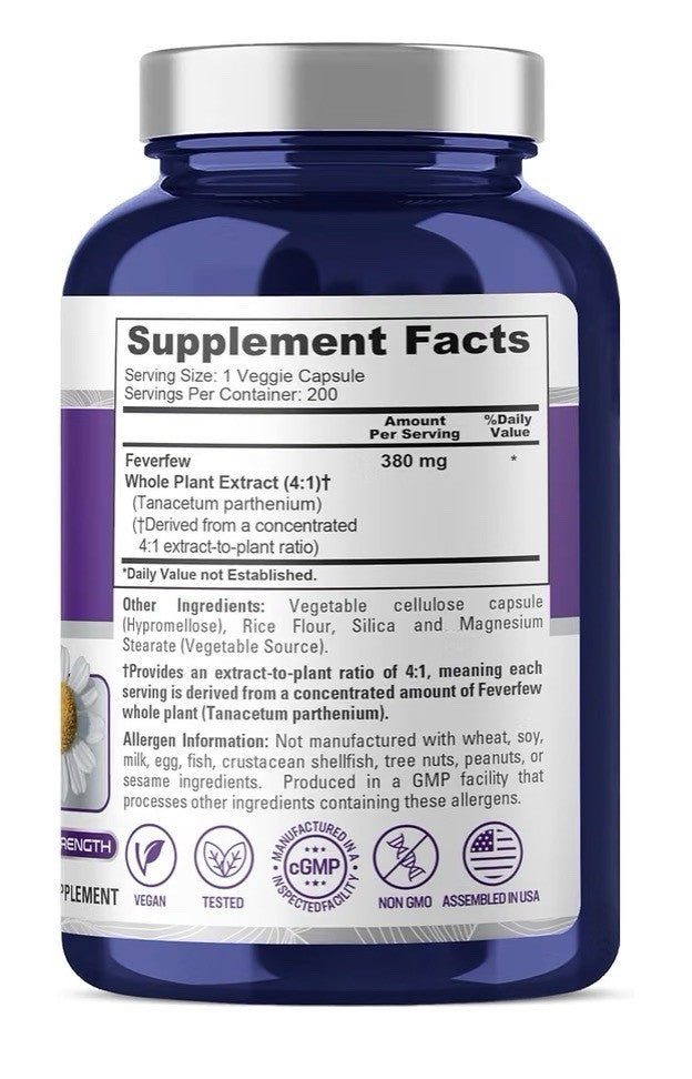 NusaPure Feverfew 380mg Per Serving 200 Veg Capsules 200 Servings