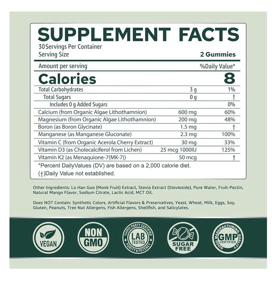 Neviss Algae Calcium Gummies Magneisum Vitamin D3 K2, C Bone Strength 60 Gummies