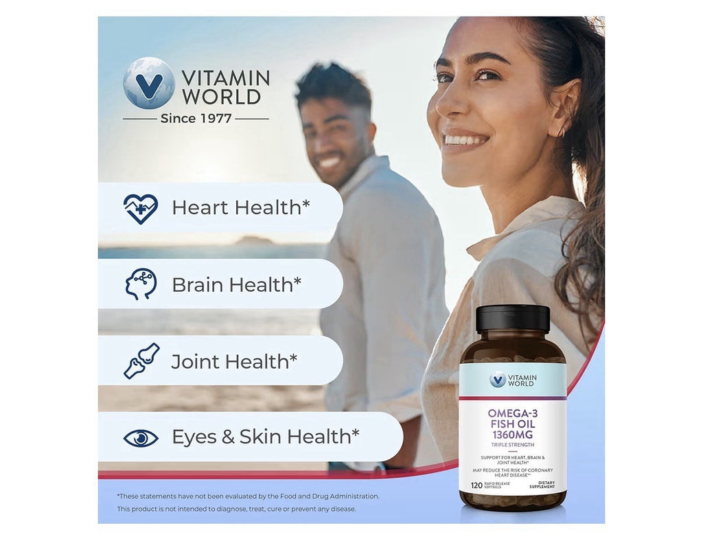 Vitamin World Omega 3 Fish Oil 1360 mg Triple Strength Supplement 120 Softgels