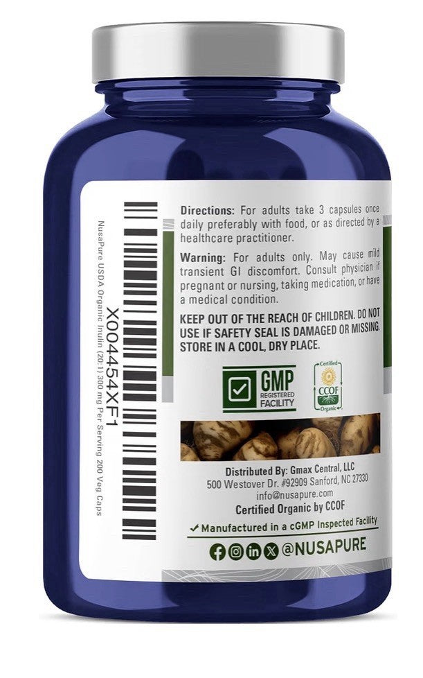 NusaPure Organic Inulin 300mg Per Serving Delivered From 20:1 Extract 200Veg Cap
