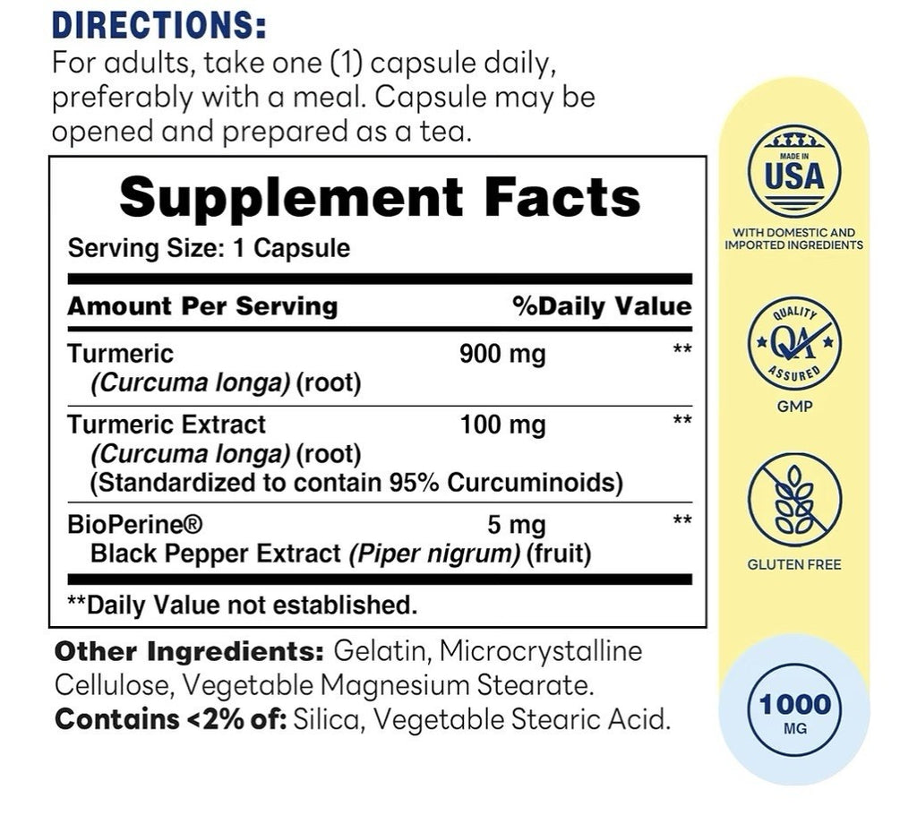 Vitamin World Turmeric Curcumin 1000 mg With Bioperine 60 Capsules